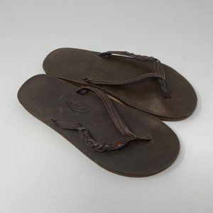 Rainbow Size L 9.5- 10.5 Brown Flip Flop Sandals Leather Braided